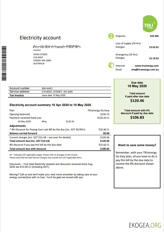 Australia Tru Energy electricity utility bill template in Word and PDF format